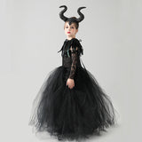 Kids Black Devil Tutu Costume Gothic Halloween Girls Fancy Tutu Dress with Feather Shawl Royal Dark Queen Maleficent Gown Dress