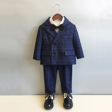 Child Formal British Plaid Dress Suits Set Spring And Autumn Boys Birthday Party Wedding Piano Show Costume Kids Blazer Pants