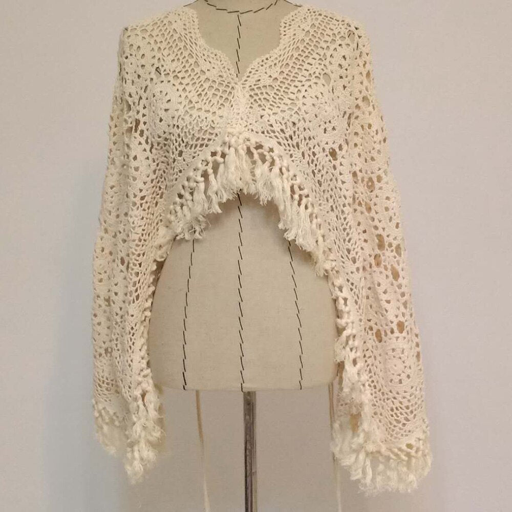 Mqtime Photo Shoot Handcraft Crochet Shawl Tassel Handmade Cotton Beige Cape Matched Pregnant Dresses for Maternity Photography Props