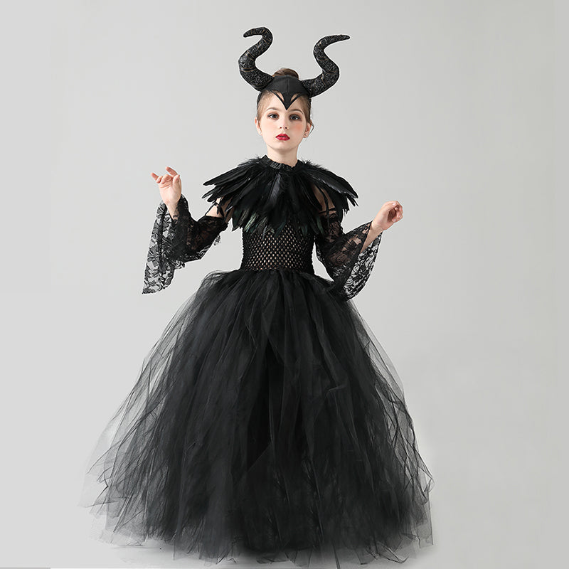Kids Black Devil Tutu Costume Gothic Halloween Girls Fancy Tutu Dress with Feather Shawl Royal Dark Queen Maleficent Gown Dress