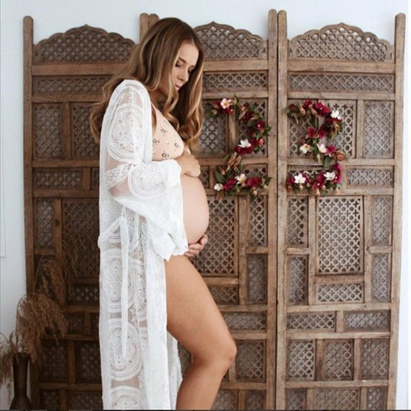 Mqtime Long Maternity Photography Props Women's Lace Stitching Pregnant Women's Long Sleeve Dress Flying Sleeve Dress  for Photo Shoot