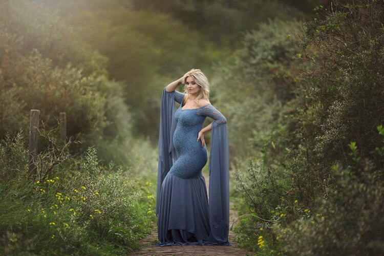 Mqtime Long Maternity Photography Props Women's Lace Stitching Pregnant Women's Long Sleeve Dress Flying Sleeve Dress  for Photo Shoot