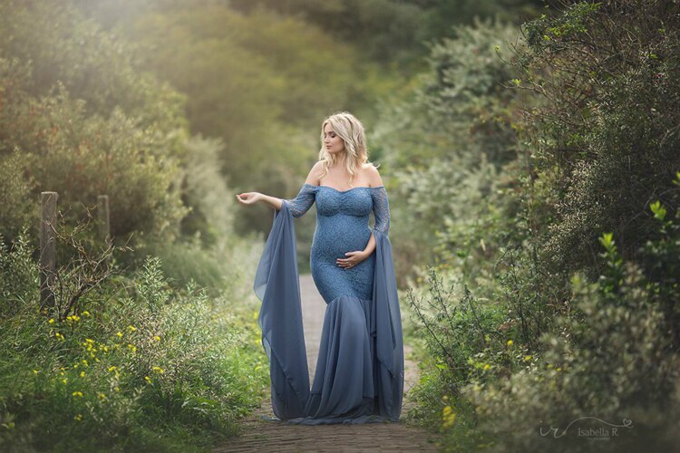 Mqtime Long Maternity Photography Props Women's Lace Stitching Pregnant Women's Long Sleeve Dress Flying Sleeve Dress  for Photo Shoot