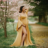 Mqtime Cotton Maternity Dresses for Photo Shoot Sexy Shouldless Ruffle Pregnant Dresses for Women Puff Sleeve Maxi Long Pregnancy Dress