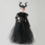 Kids Black Devil Tutu Costume Gothic Halloween Girls Fancy Tutu Dress with Feather Shawl Royal Dark Queen Maleficent Gown Dress