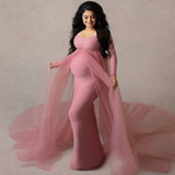 Mqtime Summer Maternity Tulle Long Evening Dress Elegant Long Sleeve Gown For Stretchy Tulle Long Pregnancy Women Photoshoot Dresses