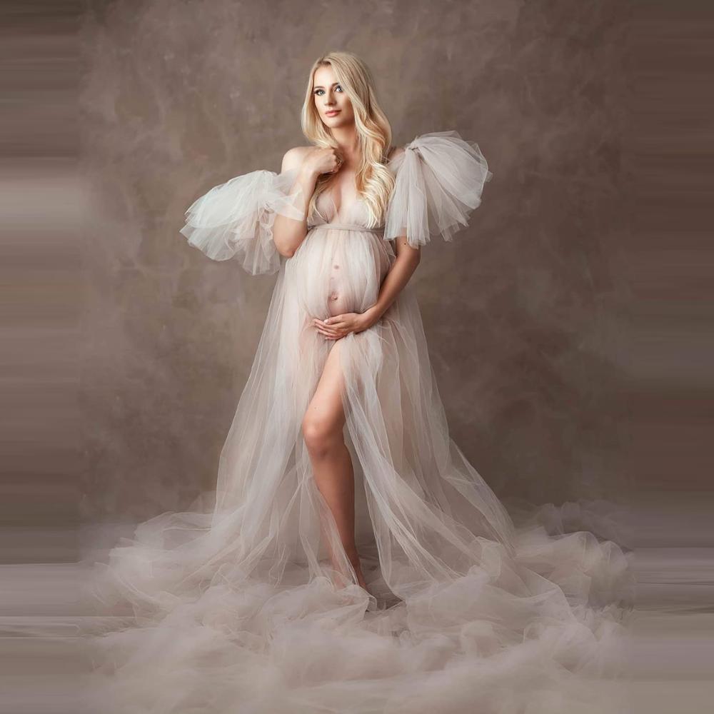 Mqtime Elegant Soft Tulle Maternity Dresses Sleeveless Puffy Long Sexy See Through Custom Made Tulle Maternity Robes For Photography