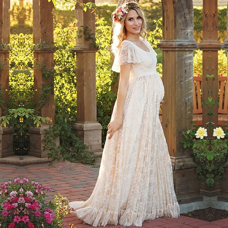 Mqtime Long Maternity Photography Props Women's Lace Stitching Pregnant Women's Long Sleeve Dress Flying Sleeve Dress  for Photo Shoot