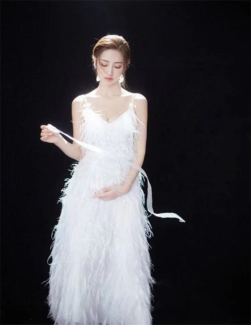 Mqtime  Women Photography Props Feathers White Elegant Maternity Dresses Sleeveless Pregnancy Dress Studio Shooting Photo Props