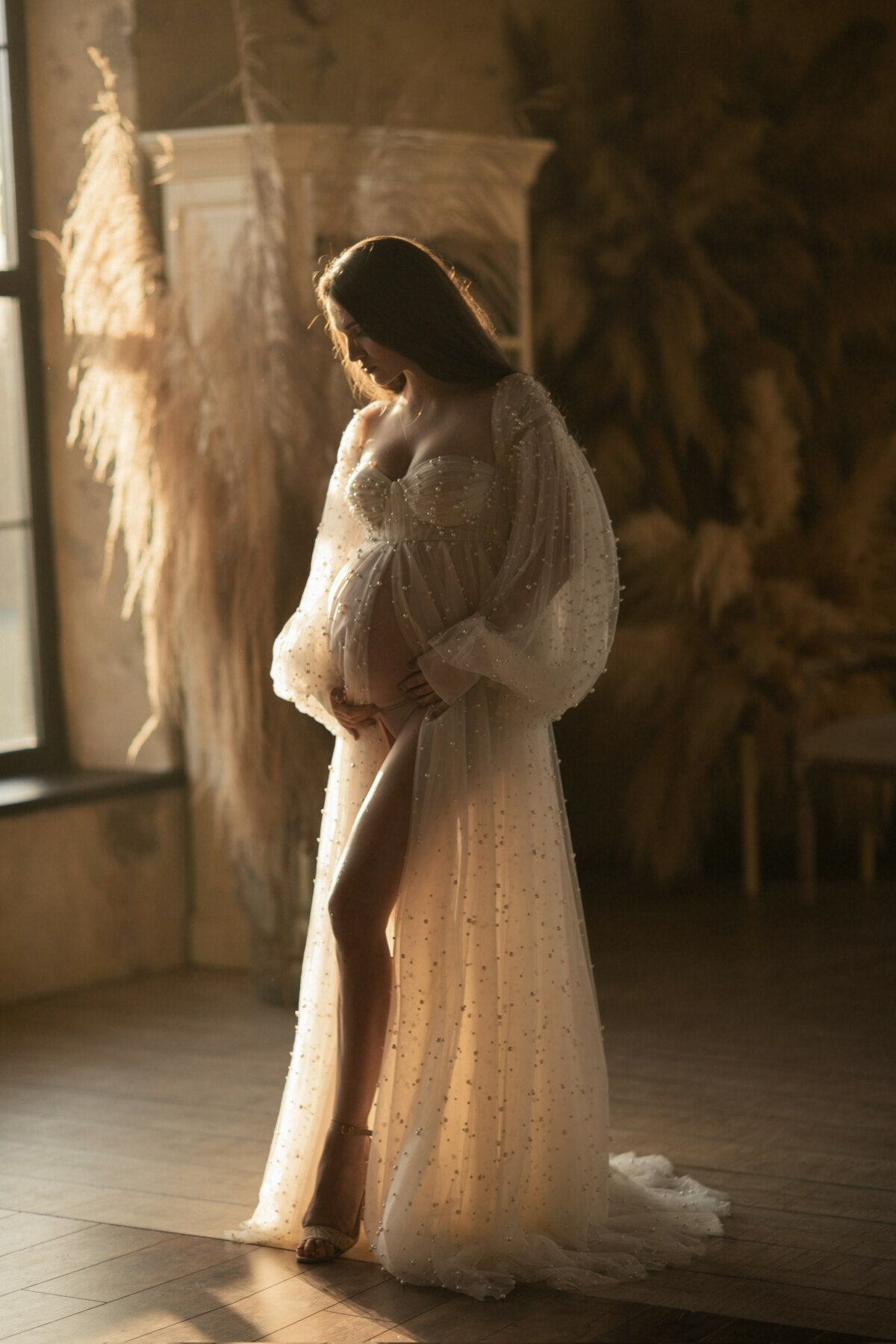 Mqtime Haute Couture Pearls Tulle Maternity Dress Luxurious Puffy Sleeves Photo Shooting Gowns See Thru Pearls Women Maternity Dresses