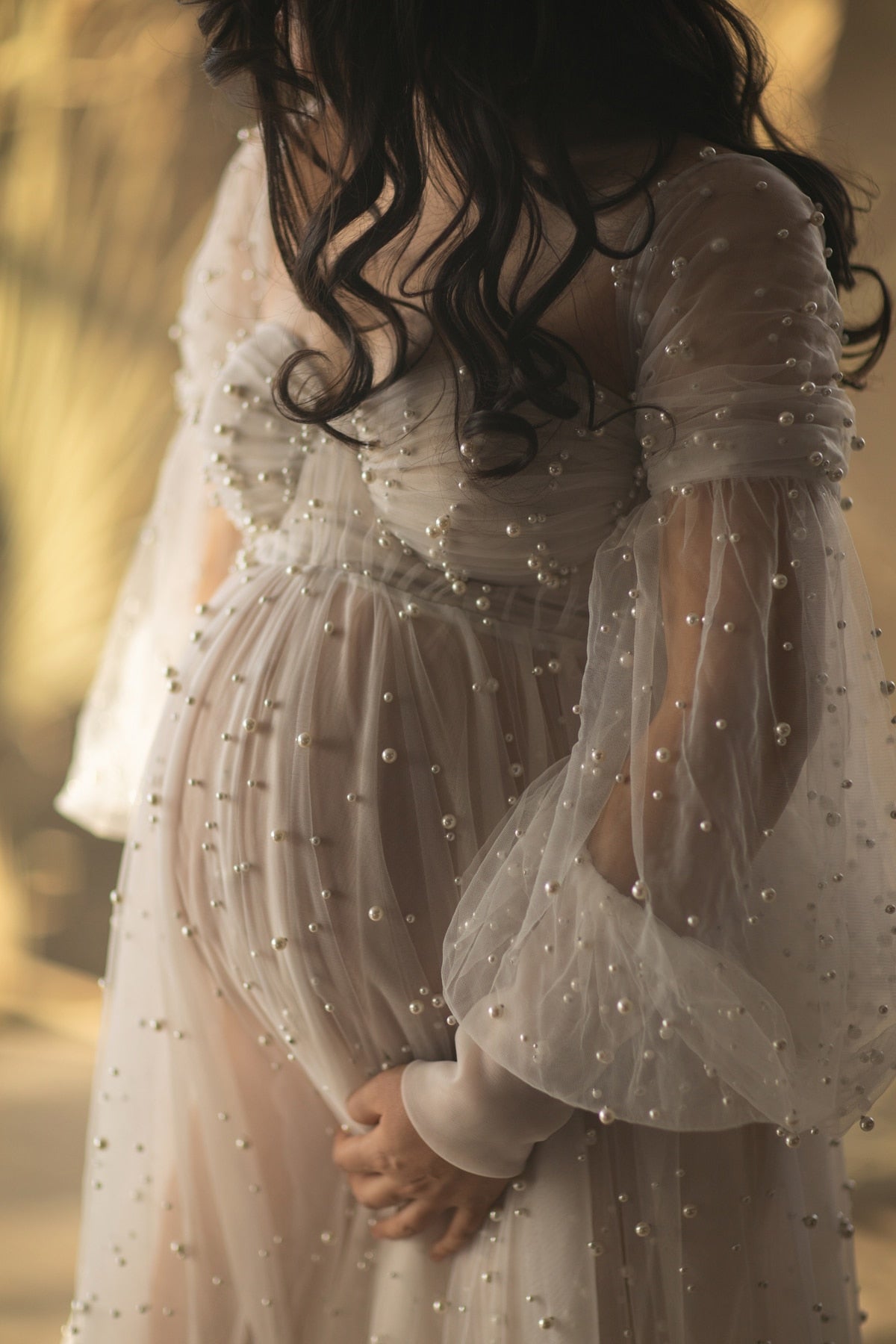 Mqtime Haute Couture Pearls Tulle Maternity Dress Luxurious Puffy Sleeves Photo Shooting Gowns See Thru Pearls Women Maternity Dresses