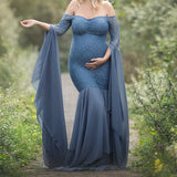 Mqtime Long Maternity Photography Props Women's Lace Stitching Pregnant Women's Long Sleeve Dress Flying Sleeve Dress  for Photo Shoot