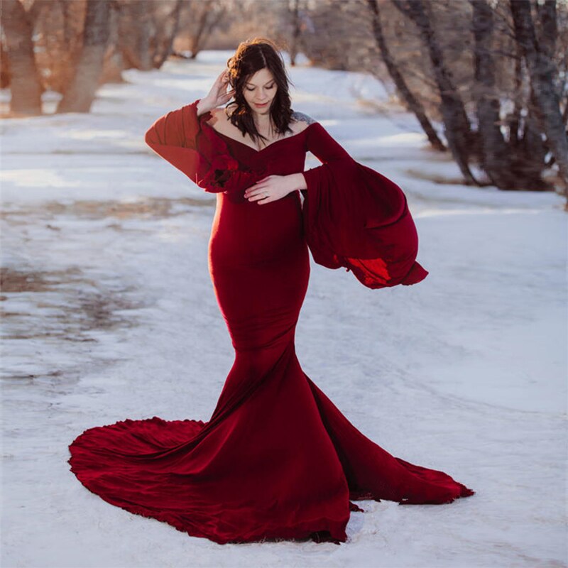 Mqtime Ruffle Cute Maternity Dresses Photography Long Pregnancy Shoot Maxi Gown For Baby Shower Party Evening Pregnant Women Photo Prop