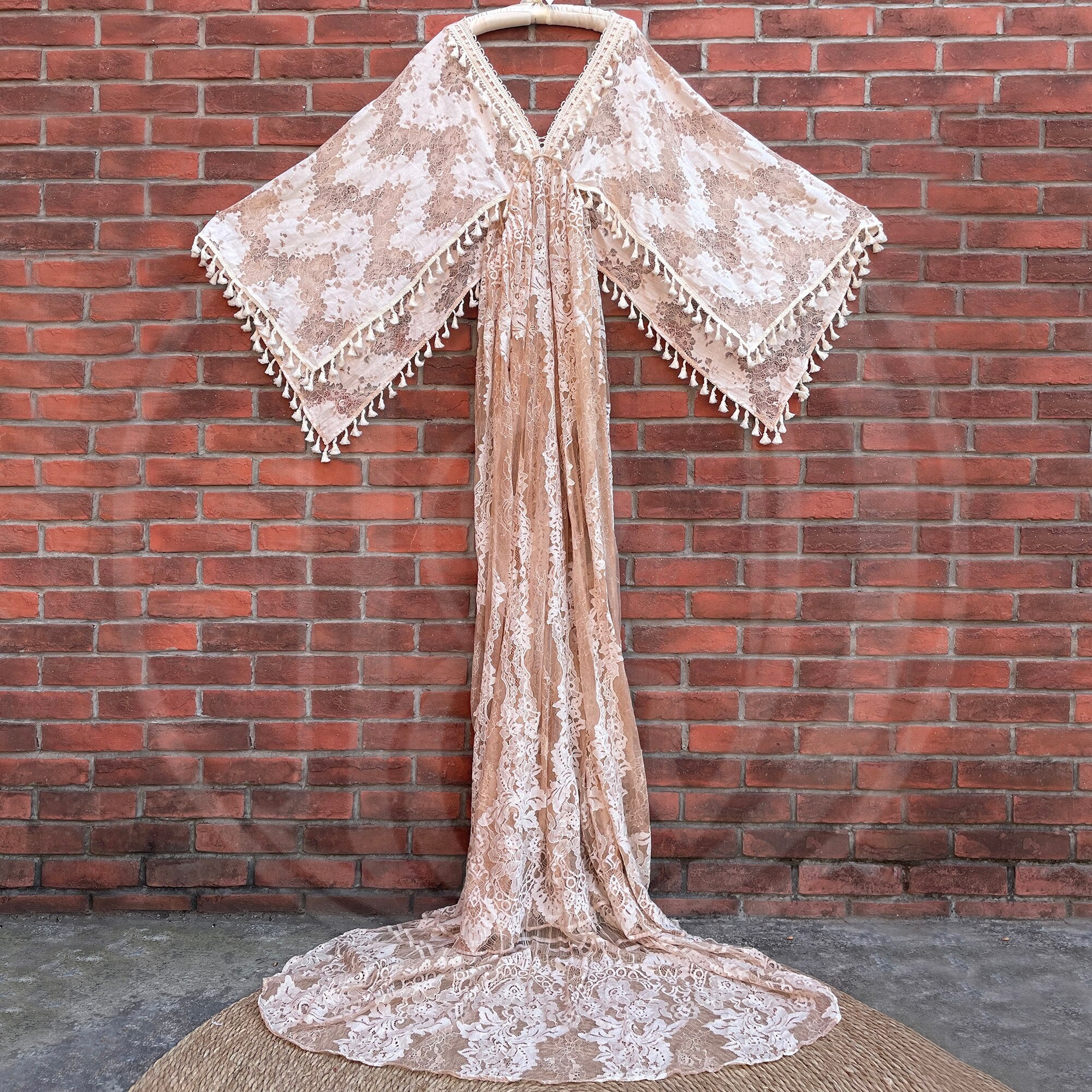 Mqtime Khaki Boho Lace Photo Shoot Pregnant Robe with Tassles  Maternity Dress Evening Party Costume for Women Photography Accessories