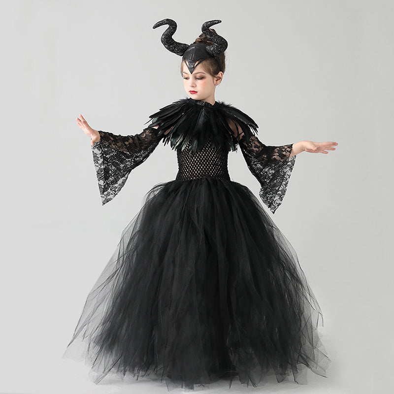 Kids Black Devil Tutu Costume Gothic Halloween Girls Fancy Tutu Dress with Feather Shawl Royal Dark Queen Maleficent Gown Dress