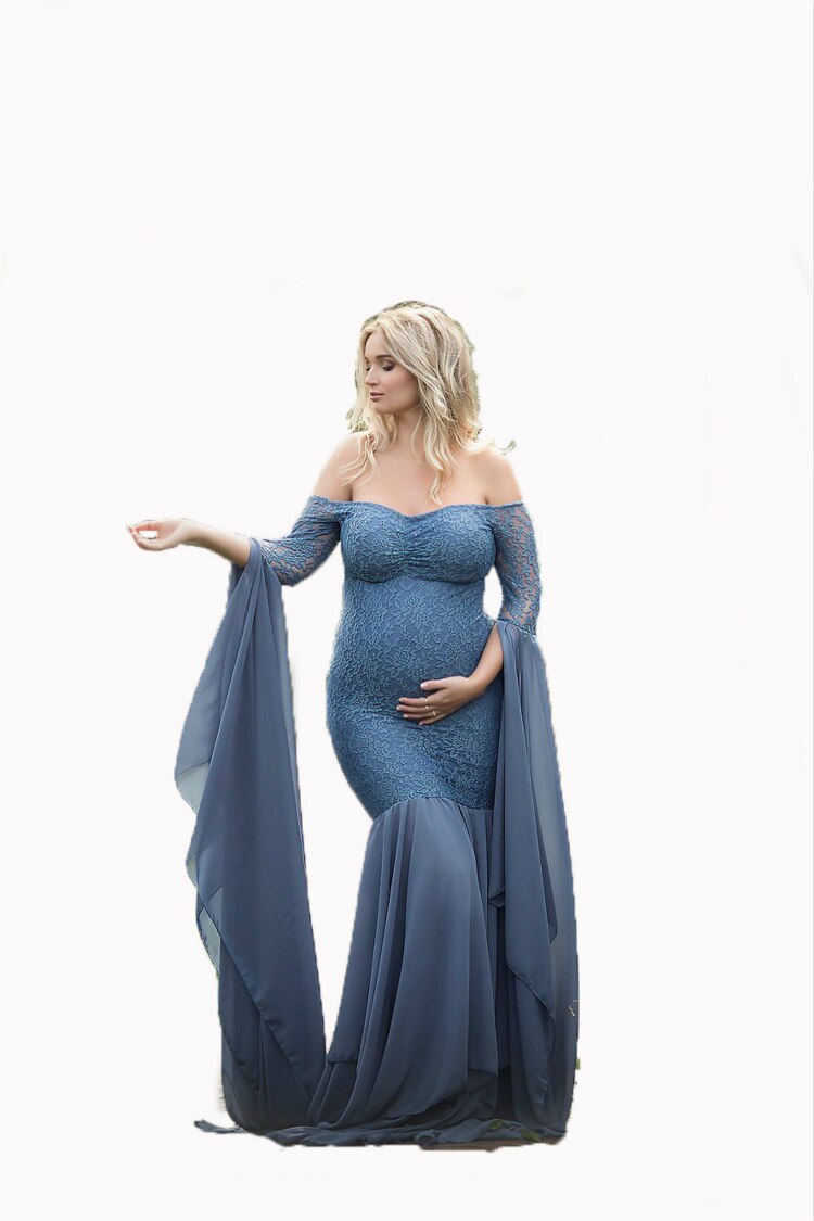 Mqtime Long Maternity Photography Props Women's Lace Stitching Pregnant Women's Long Sleeve Dress Flying Sleeve Dress  for Photo Shoot