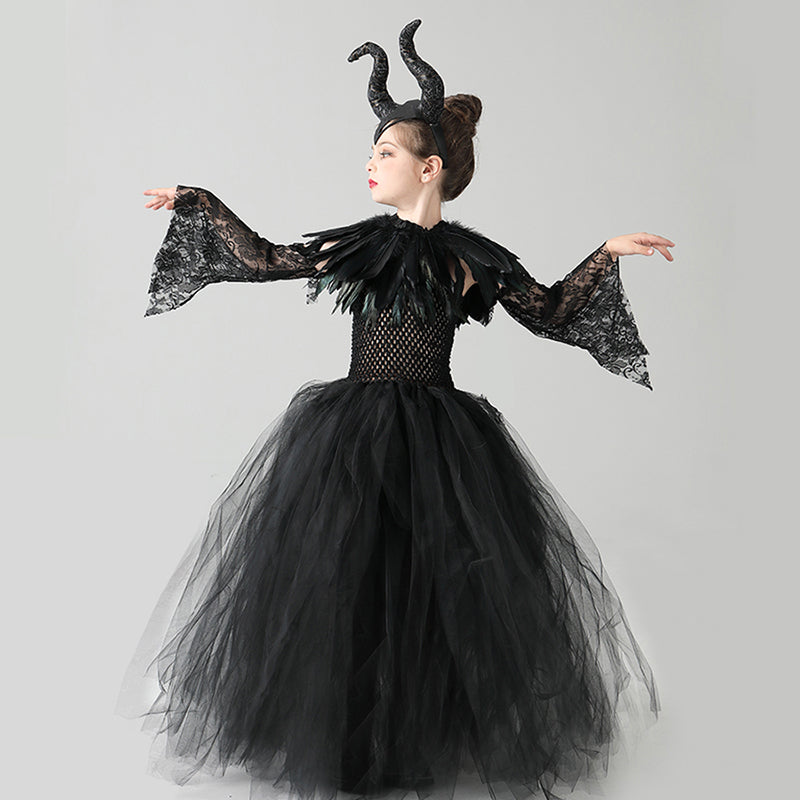 Kids Black Devil Tutu Costume Gothic Halloween Girls Fancy Tutu Dress with Feather Shawl Royal Dark Queen Maleficent Gown Dress