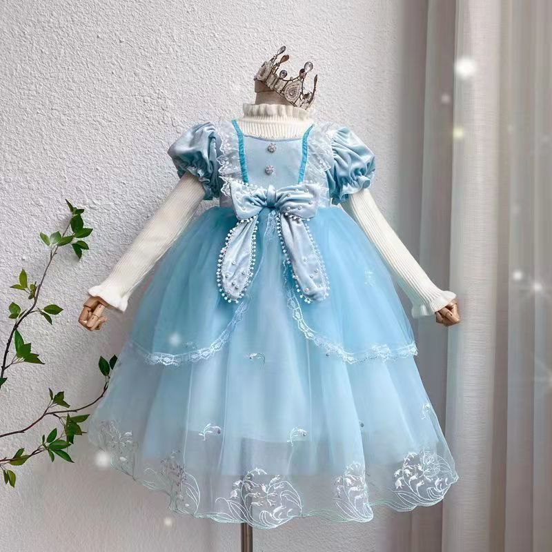 4-12Y Kids Spain Autumn Spring Bow Dress Girls Children Pink Tullefrock Toddler Princess Dresss Mesh Dress lolita Princess skirt