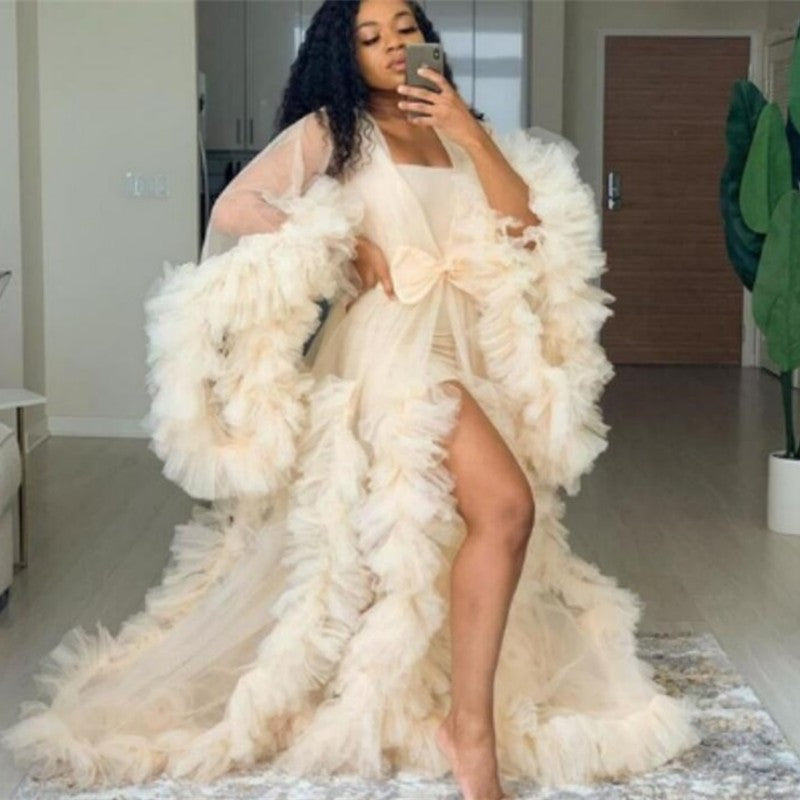 Mqtime Maternity Photography Dress Bridal Fluffy Tulle Robe Women Ruffle Long Tulle Dresses Photo Shoot Beach Birthday Party Clothes