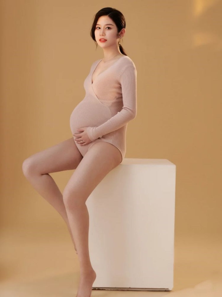 Mqtime Knitted Bodysuit Maternity Clothes for Photoshoot Pregnancy Photography Props One-piece Tights