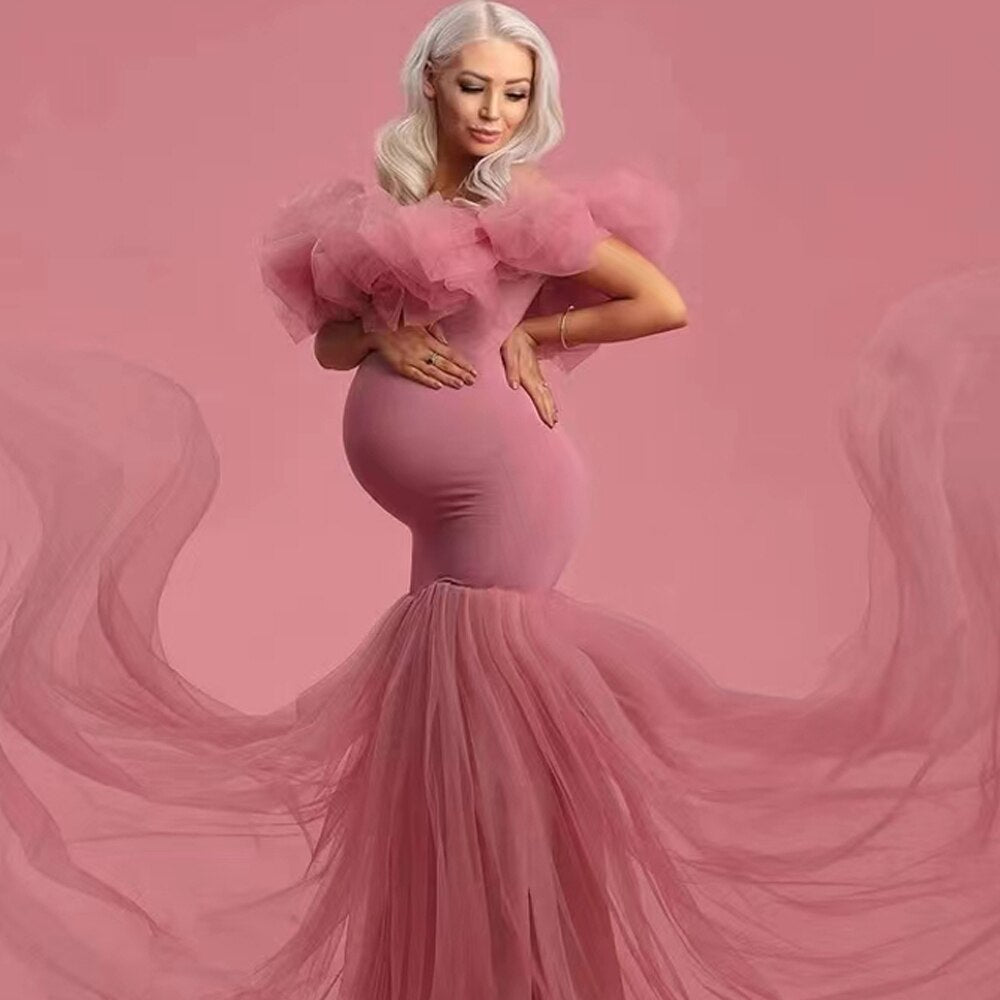 Mqtime Maternity Photoshoot Dresses Mermaid Dress Off Shoulder Tulle Lace Stretch Fabric Prom Gown Photo Shoot Pregnancy Clothes