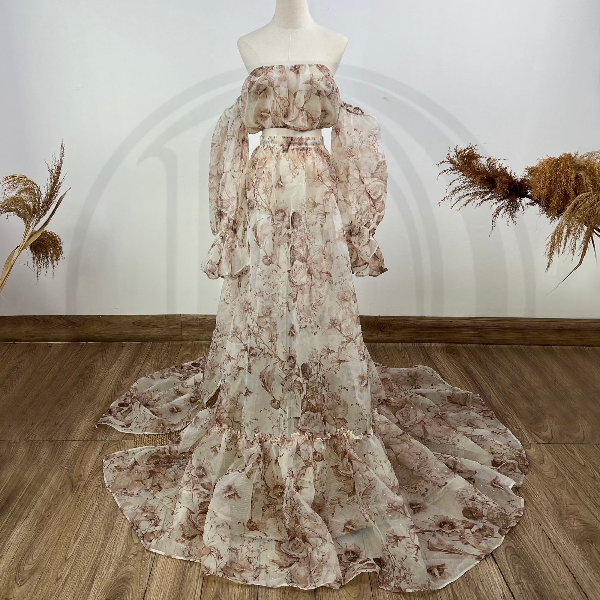 Mqtime A Suit Smoothy Organza Maternity Photography Dress Puff Sleeves Floral Gown Pregnant Photo Shoot Woman Clothes Party Costume