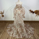 Mqtime A Suit Smoothy Organza Maternity Photography Dress Puff Sleeves Floral Gown Pregnant Photo Shoot Woman Clothes Party Costume