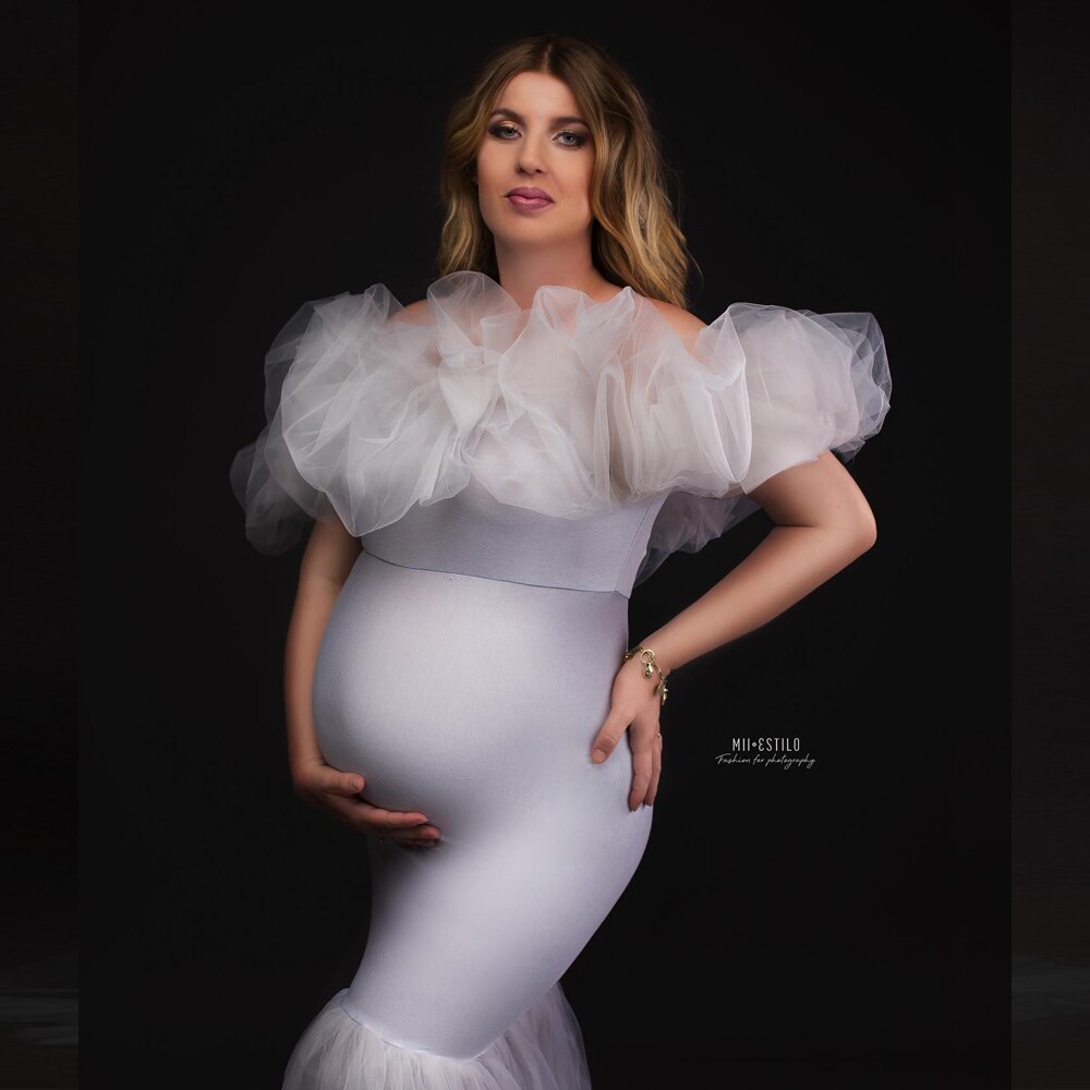 Mqtime Maternity Photoshoot Dresses Mermaid Dress Off Shoulder Tulle Lace Stretch Fabric Prom Gown Photo Shoot Pregnancy Clothes