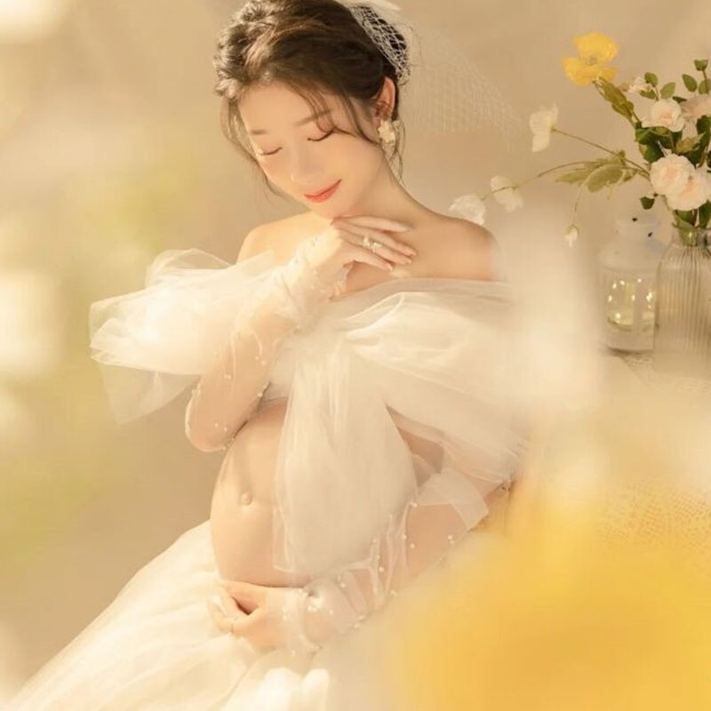 Mqtime  Maternity Dress Set for Photo Shoot Summer Sexy Shoulderless White Tulle Top+ Skirt 2 Pieces Set for Pregnant Women Photography