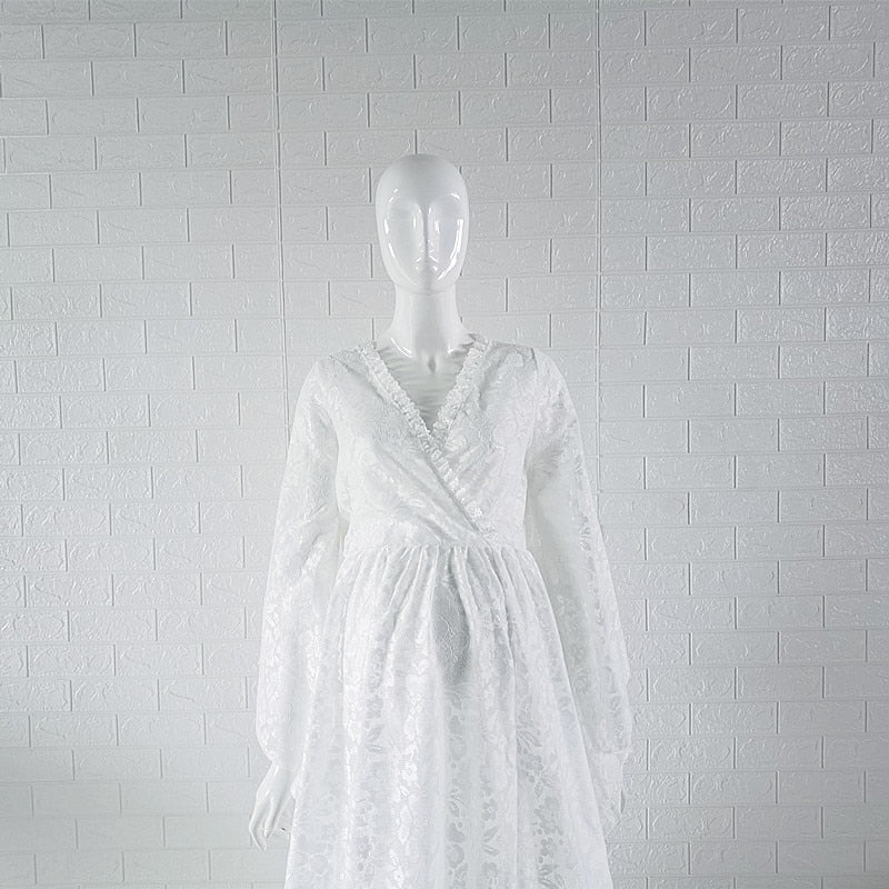 Mqtime Boho Maternity Photography Props Dresses V-neck Maternity Lace Dress For Photo Shoot See Through Pregnant Woman Maxi Gown