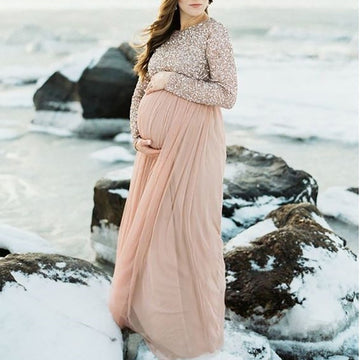 Pregnant Photography Dress Women Sequin Long Sleeve Crew Neck Tulle Long Dress Maternity Pregnant Women Dress For Photoshoots