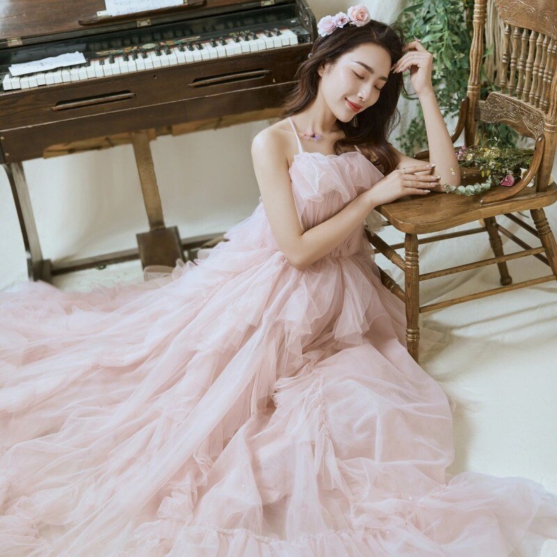 Mqtime Pink Maternity Sling Dress Baby Shower Party Long Dress Ruffle Tulle Maternity Photography Dress Elegant Princess Prom Dress