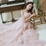 Mqtime Pink Maternity Sling Dress Baby Shower Party Long Dress Ruffle Tulle Maternity Photography Dress Elegant Princess Prom Dress