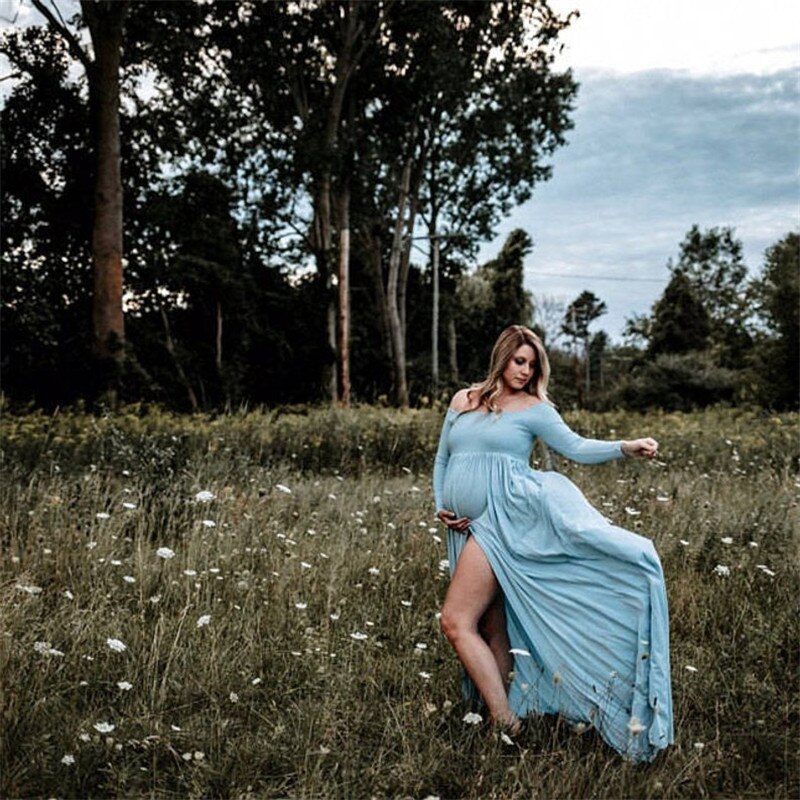 Pregnancy One-shoulder Long-sleeved Dress Sexy Split Maternity Dresses for Photo Shoot Parent-child Wear Pink Photography Dress