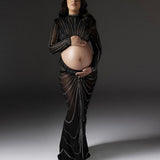 Mqtime 2pcs Maternity Photography Dress Set Sexy Perspective Mesh Nail Drill Dress Pregnant Woman Photo Shoot Clothes Daily Dress Suit