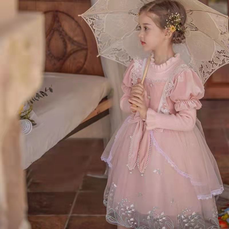 4-12Y Kids Spain Autumn Spring Bow Dress Girls Children Pink Tullefrock Toddler Princess Dresss Mesh Dress lolita Princess skirt