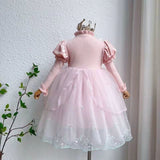 4-12Y Kids Spain Autumn Spring Bow Dress Girls Children Pink Tullefrock Toddler Princess Dresss Mesh Dress lolita Princess skirt