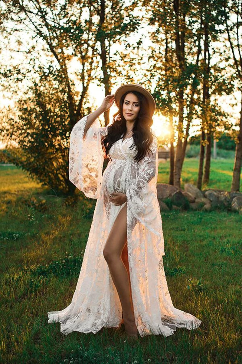 Mqtime Boho Maternity Photography Props Dresses V-neck Maternity Lace Dress For Photo Shoot See Through Pregnant Woman Maxi Gown