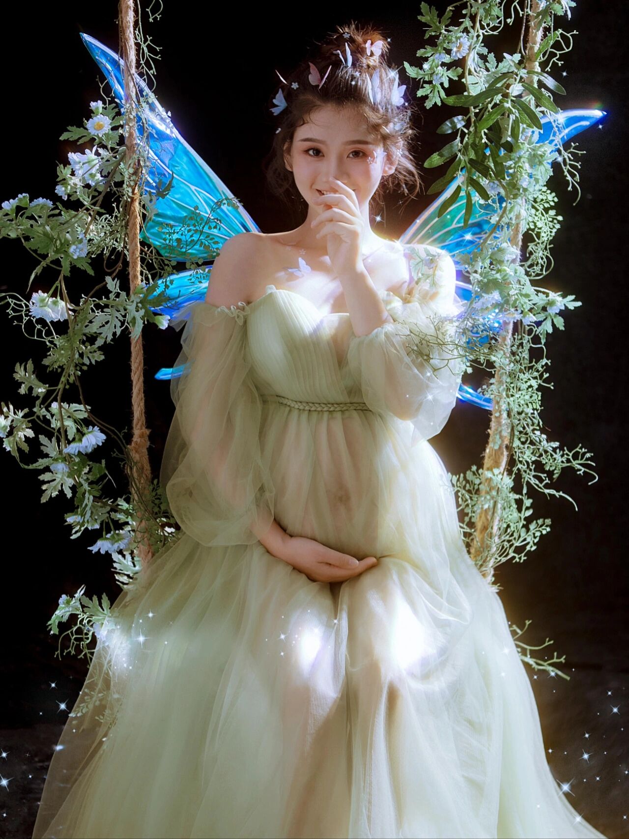 Mqtime Photography Props Forest Green Fairy Maternity Dresses for Photo Shoot Pregnancy Dress Pregnant Elegant Studio Prop