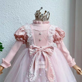 4-12Y Kids Spain Autumn Spring Bow Dress Girls Children Pink Tullefrock Toddler Princess Dresss Mesh Dress lolita Princess skirt