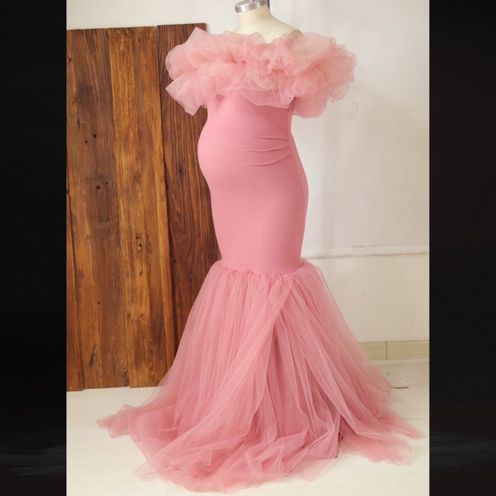 Mqtime Maternity Photoshoot Dresses Mermaid Dress Off Shoulder Tulle Lace Stretch Fabric Prom Gown Photo Shoot Pregnancy Clothes
