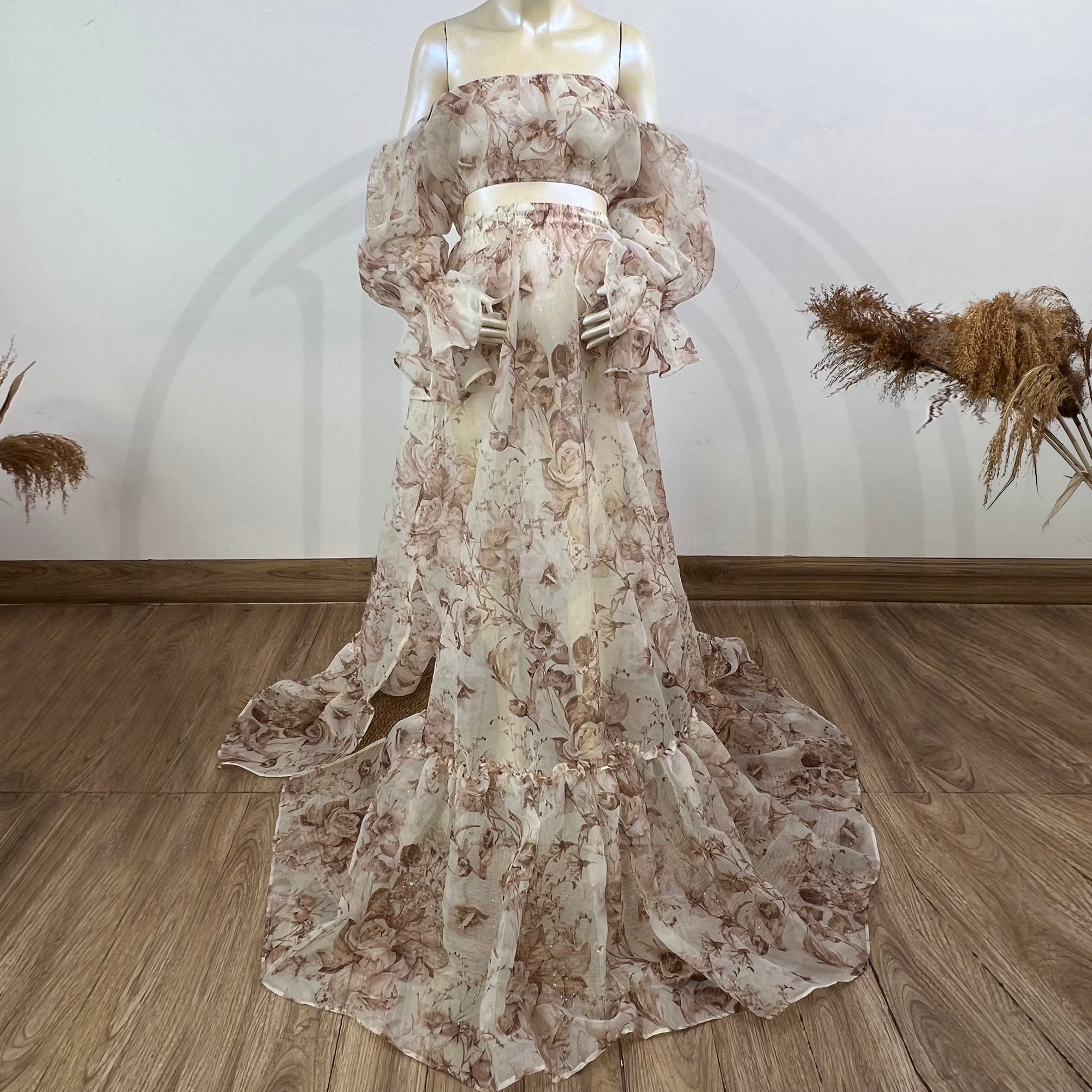 Mqtime A Suit Smoothy Organza Maternity Photography Dress Puff Sleeves Floral Gown Pregnant Photo Shoot Woman Clothes Party Costume