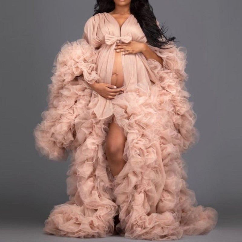 Mqtime Maternity Photography Dress Bridal Fluffy Tulle Robe Women Ruffle Long Tulle Dresses Photo Shoot Beach Birthday Party Clothes