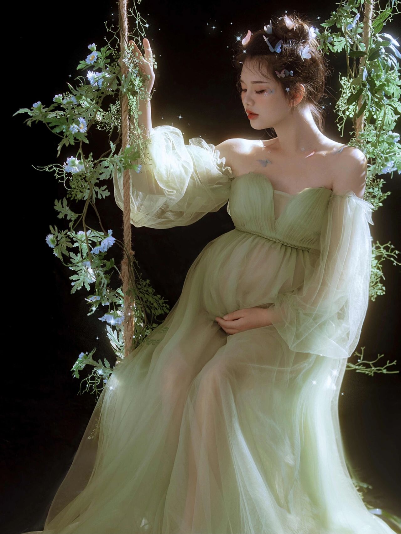 Mqtime Photography Props Forest Green Fairy Maternity Dresses for Photo Shoot Pregnancy Dress Pregnant Elegant Studio Prop