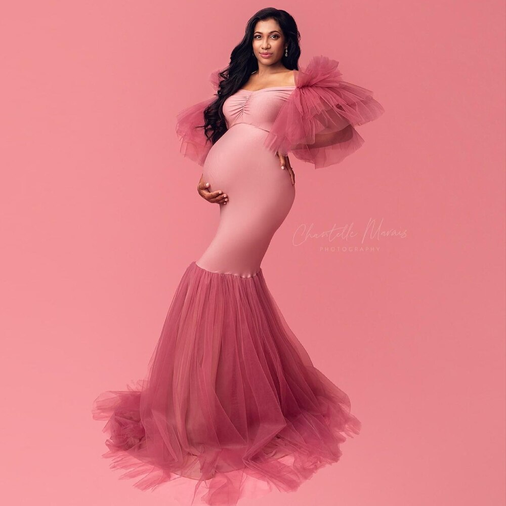 Mqtime Maternity Photoshoot Dresses Mermaid Dress Off Shoulder Tulle Lace Stretch Fabric Prom Gown Photo Shoot Pregnancy Clothes