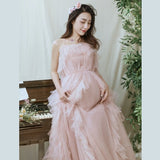 Mqtime Pink Maternity Sling Dress Baby Shower Party Long Dress Ruffle Tulle Maternity Photography Dress Elegant Princess Prom Dress
