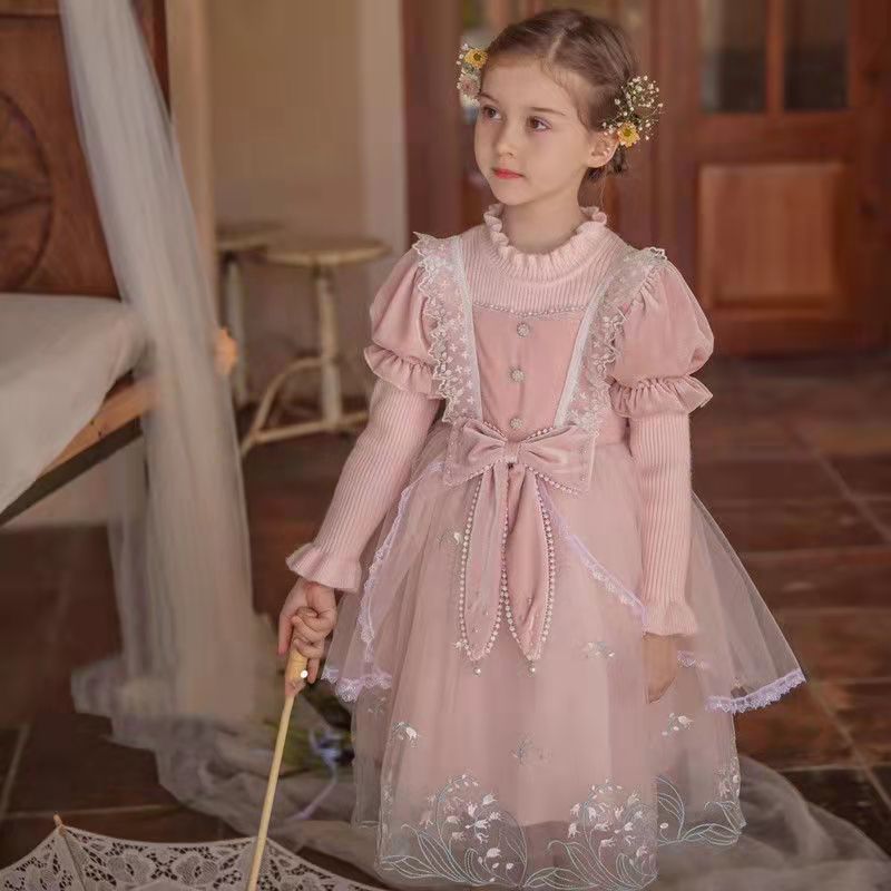 4-12Y Kids Spain Autumn Spring Bow Dress Girls Children Pink Tullefrock Toddler Princess Dresss Mesh Dress lolita Princess skirt