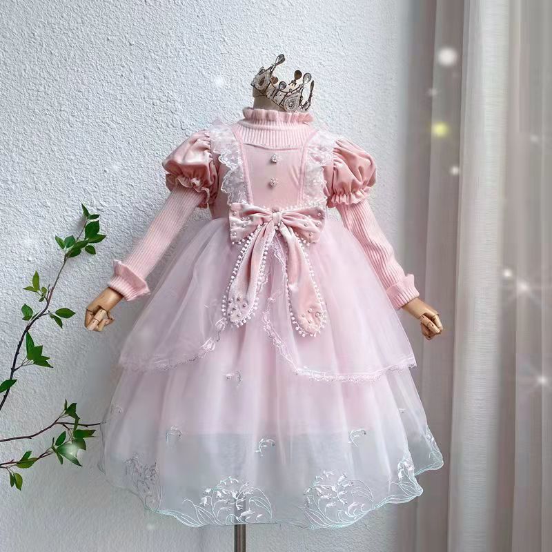 4-12Y Kids Spain Autumn Spring Bow Dress Girls Children Pink Tullefrock Toddler Princess Dresss Mesh Dress lolita Princess skirt