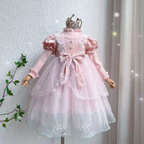 4-12Y Kids Spain Autumn Spring Bow Dress Girls Children Pink Tullefrock Toddler Princess Dresss Mesh Dress lolita Princess skirt