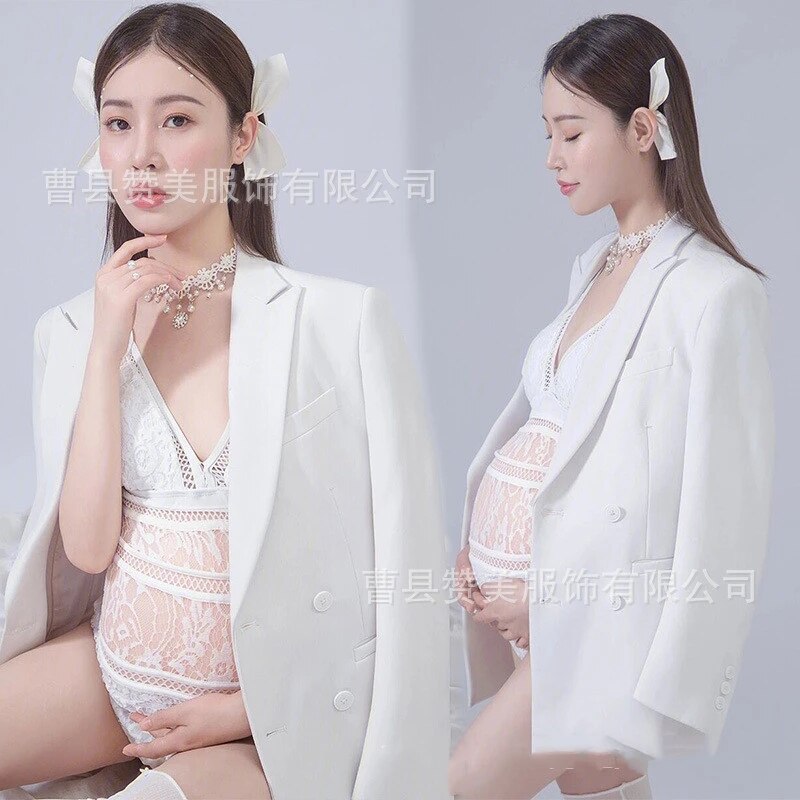Mqtime  White Lace Fancy Maternity Bodysuit + Coat Photography Pregnancy Shoot Dresses Clothes Pregnant Women Sexy Maxi Gown Photo Props